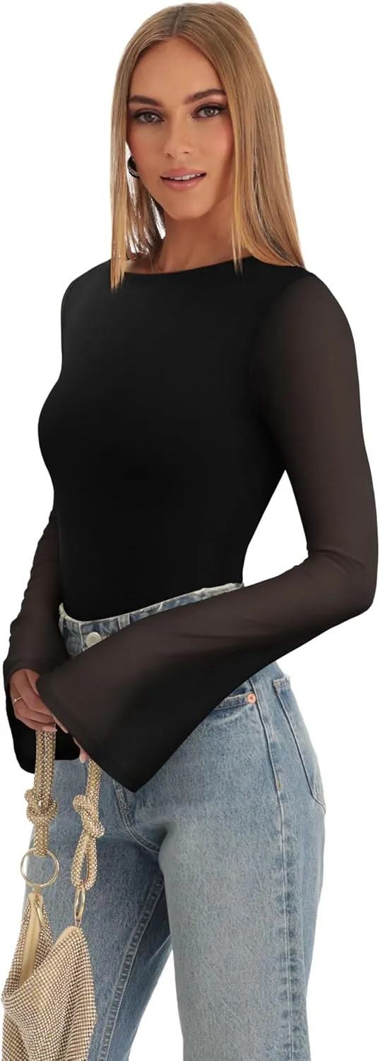 REORIA Women's Trendy Sexy Boat Neck Bell Sleeve Sheer Mesh Going Out Bodysuit Tops