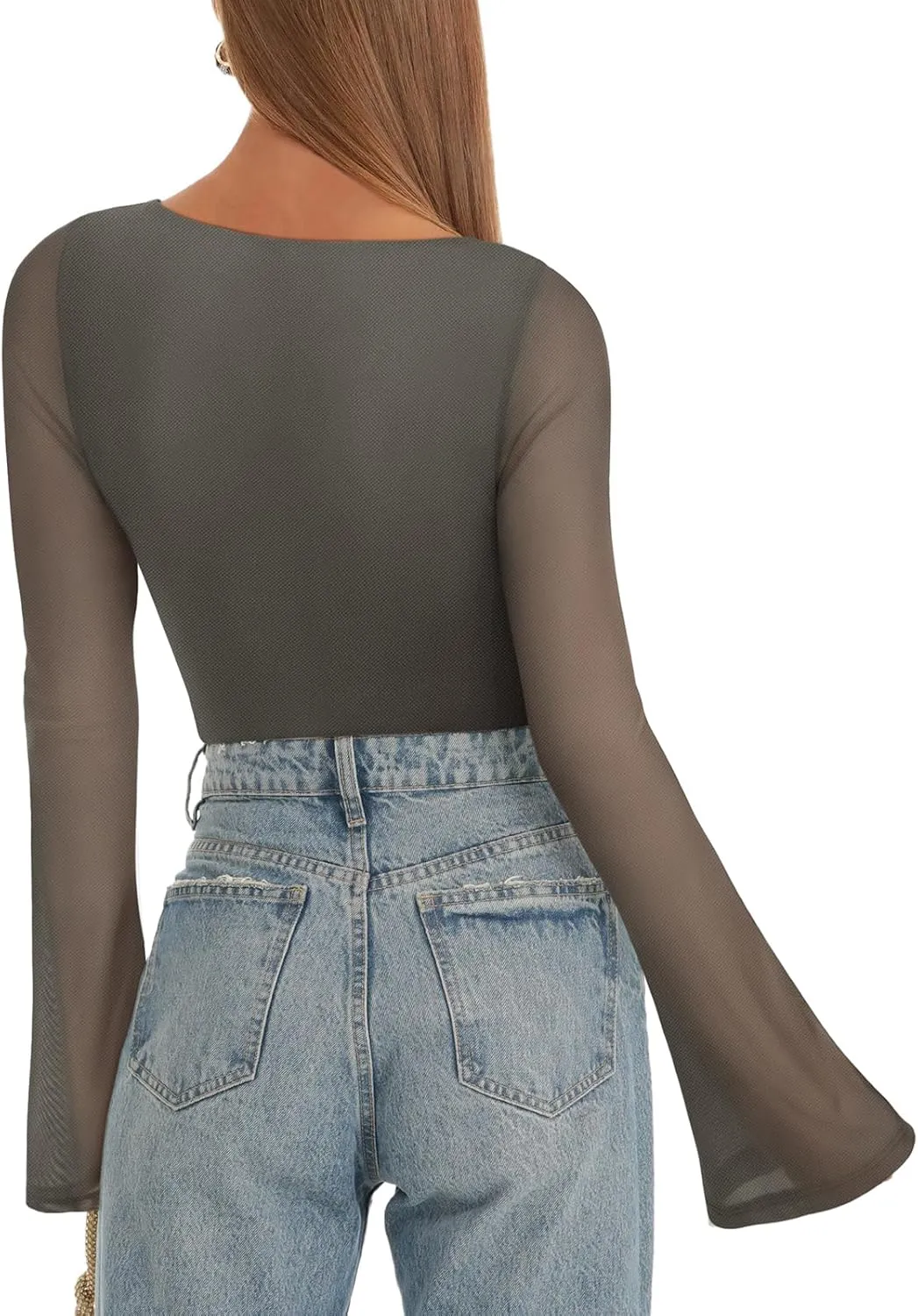 REORIA Women's Trendy Sexy Boat Neck Bell Sleeve Sheer Mesh Going Out Bodysuit Tops