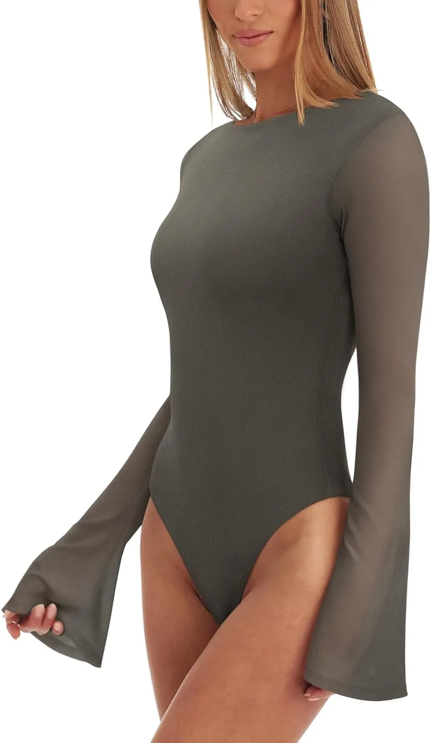 REORIA Women's Trendy Sexy Boat Neck Bell Sleeve Sheer Mesh Going Out Bodysuit Tops