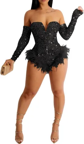 Rhinestone Sequin Bodysuit Birthday Outfit for Women Sexy Party Night