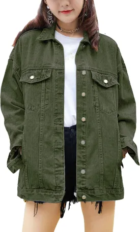 SeekMe Women's Oversized Jean Jacket Plus Size Button Down Washed Mid Long Denim Jacket