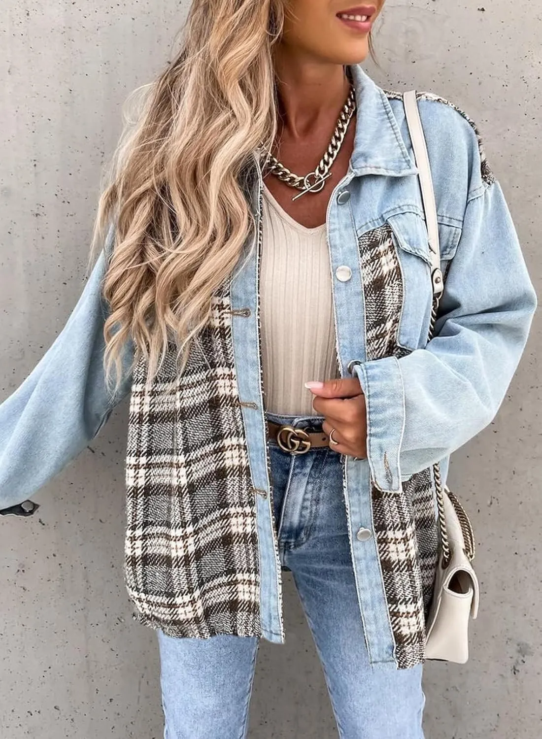 SHEWIN Women's Oversized Denim Jacket Casual Long Sleeve Button Down Plaid Shacket Boyfriend Jean Jacket With Pockets