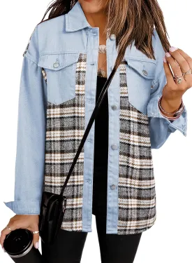 SHEWIN Women's Oversized Denim Jacket Casual Long Sleeve Button Down Plaid Shacket Boyfriend Jean Jacket With Pockets