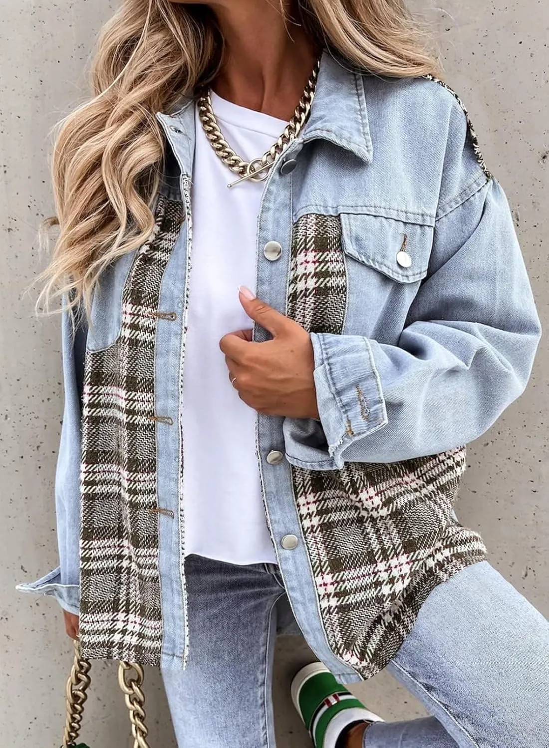 SHEWIN Women's Oversized Denim Jacket Casual Long Sleeve Button Down Plaid Shacket Boyfriend Jean Jacket With Pockets