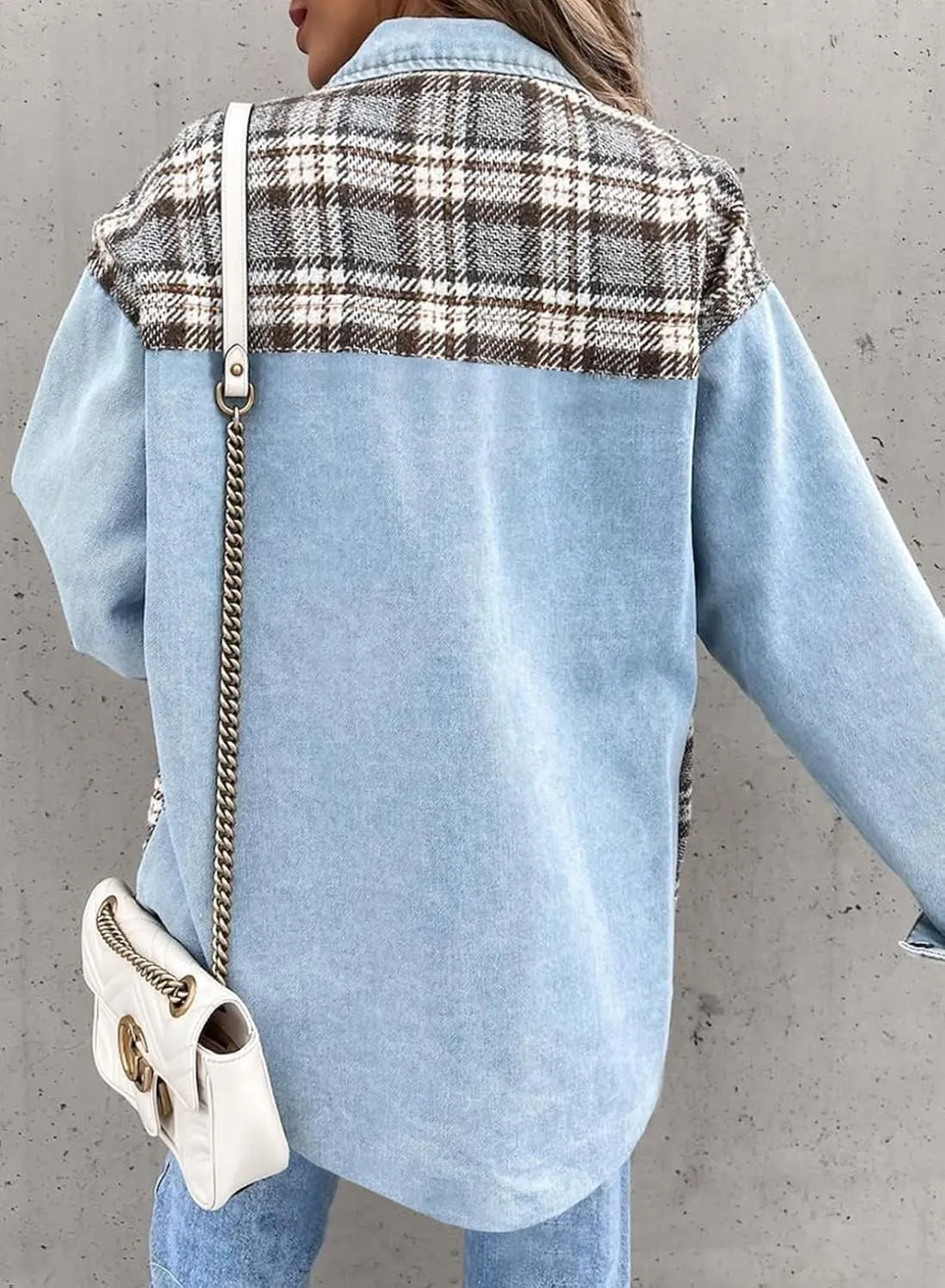SHEWIN Women's Oversized Denim Jacket Casual Long Sleeve Button Down Plaid Shacket Boyfriend Jean Jacket With Pockets