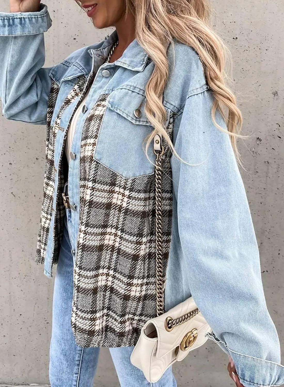 SHEWIN Women's Oversized Denim Jacket Casual Long Sleeve Button Down Plaid Shacket Boyfriend Jean Jacket With Pockets