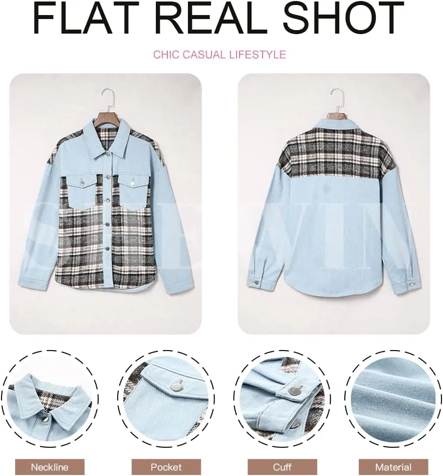 SHEWIN Women's Oversized Denim Jacket Casual Long Sleeve Button Down Plaid Shacket Boyfriend Jean Jacket With Pockets