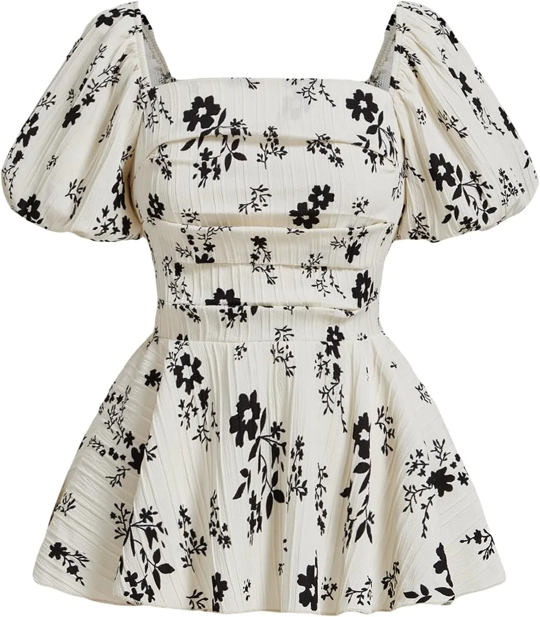 Verdusa Women's Floral Textured Ruched Peplum Blouse Top Short Sleeve Square Neck Boho Shirts