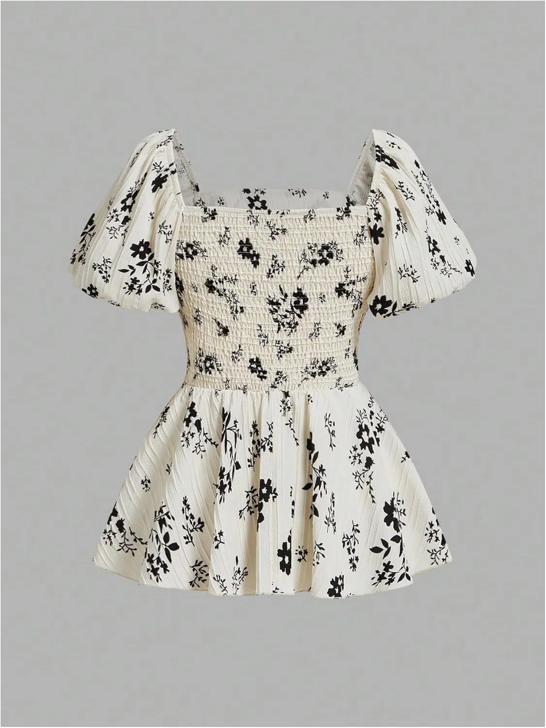 Verdusa Women's Floral Textured Ruched Peplum Blouse Top Short Sleeve Square Neck Boho Shirts
