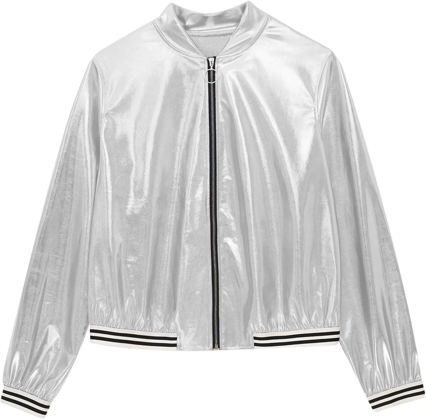 Vxuxlje Men's Shiny Metallic Bomber Jacket 70s Disco Party Baseball Jacket Outerwear Clubwear