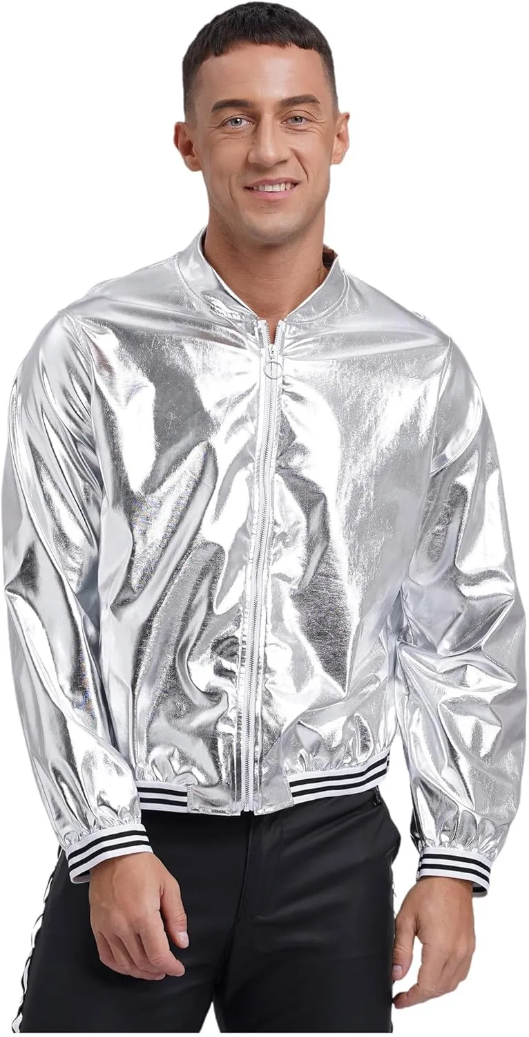 Vxuxlje Men's Shiny Metallic Bomber Jacket 70s Disco Party Baseball Jacket Outerwear Clubwear