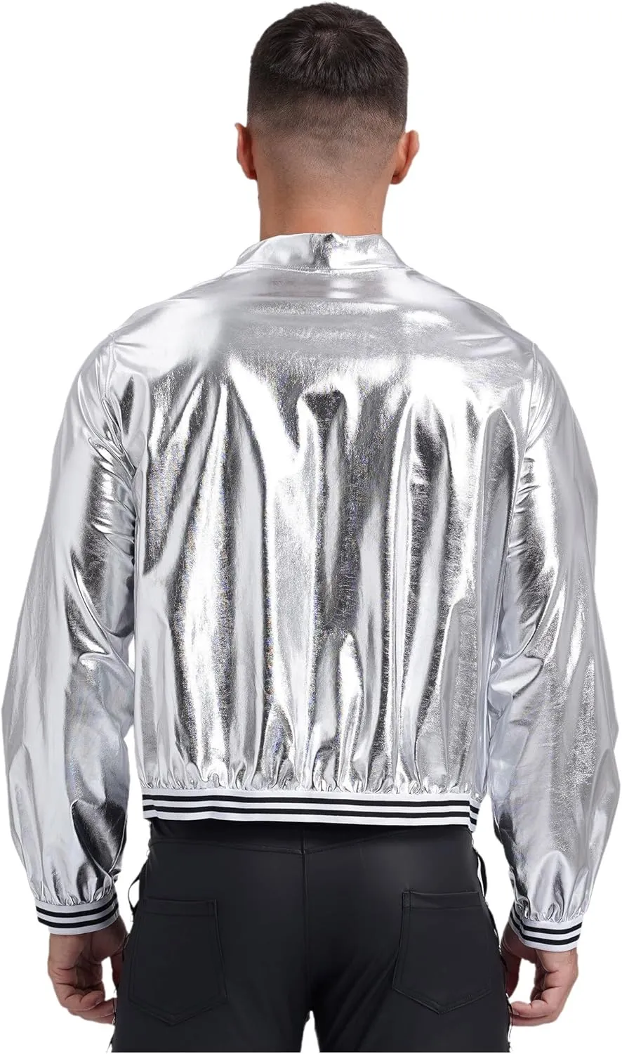 Vxuxlje Men's Shiny Metallic Bomber Jacket 70s Disco Party Baseball Jacket Outerwear Clubwear