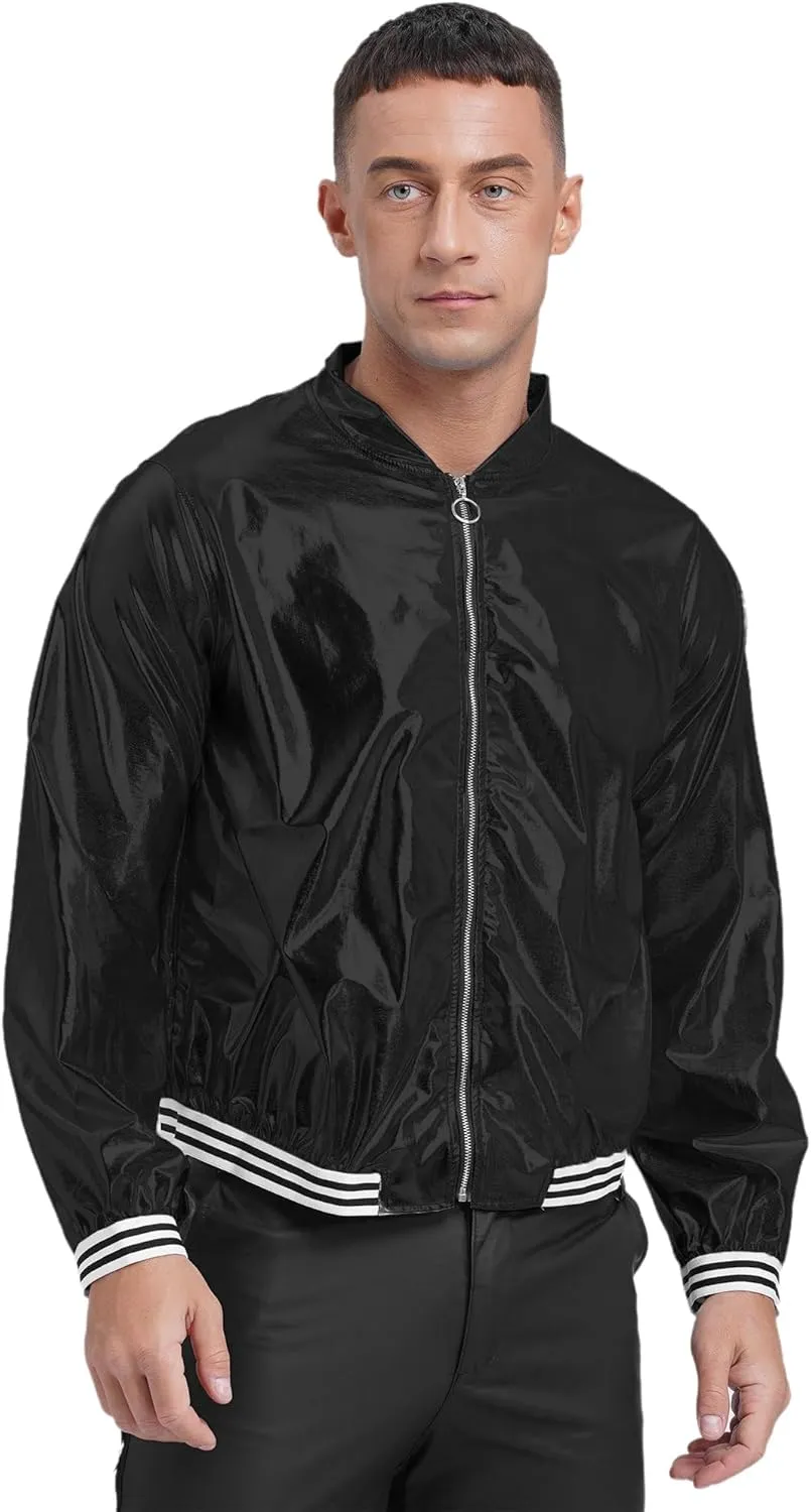 Vxuxlje Men's Shiny Metallic Bomber Jacket 70s Disco Party Baseball Jacket Outerwear Clubwear