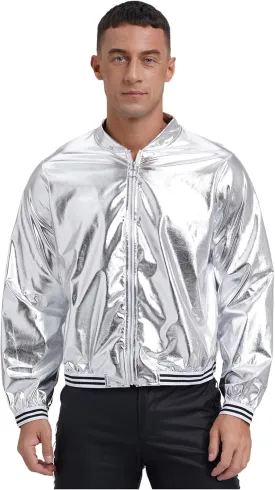 Vxuxlje Men's Shiny Metallic Bomber Jacket 70s Disco Party Baseball Jacket Outerwear Clubwear