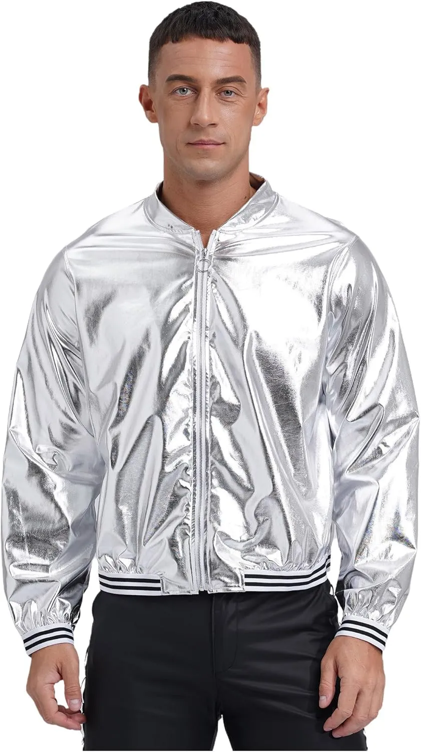 Vxuxlje Men's Shiny Metallic Bomber Jacket 70s Disco Party Baseball Jacket Outerwear Clubwear