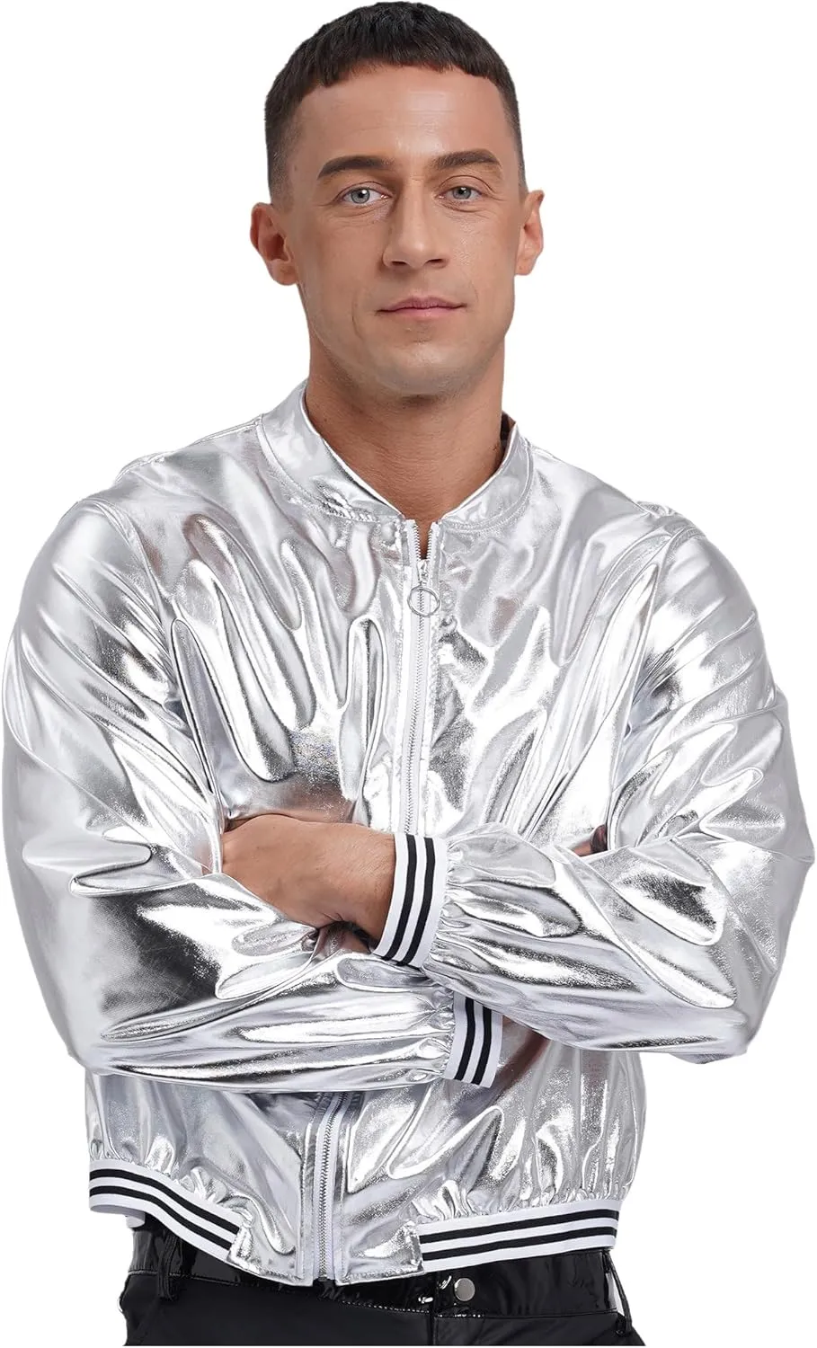 Vxuxlje Men's Shiny Metallic Bomber Jacket 70s Disco Party Baseball Jacket Outerwear Clubwear
