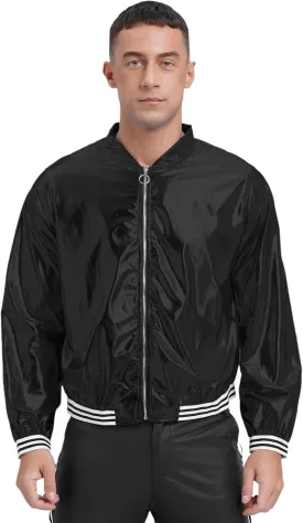Vxuxlje Men's Shiny Metallic Bomber Jacket 70s Disco Party Baseball Jacket Outerwear Clubwear