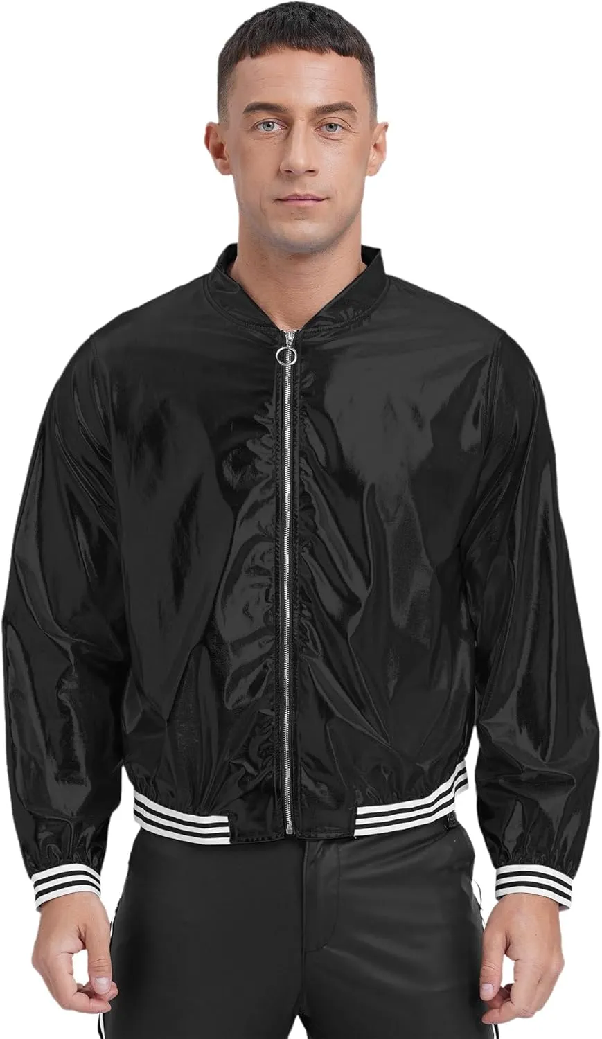 Vxuxlje Men's Shiny Metallic Bomber Jacket 70s Disco Party Baseball Jacket Outerwear Clubwear