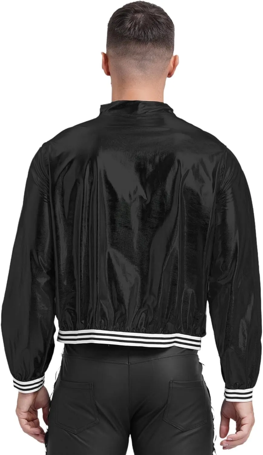 Vxuxlje Men's Shiny Metallic Bomber Jacket 70s Disco Party Baseball Jacket Outerwear Clubwear