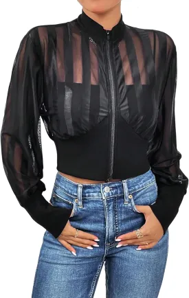WDIRARA Women's Contrast Mesh Zip Up Bomber Jacket Lantern Long Sleeve Baseball Collar Outwear Crop Jacket