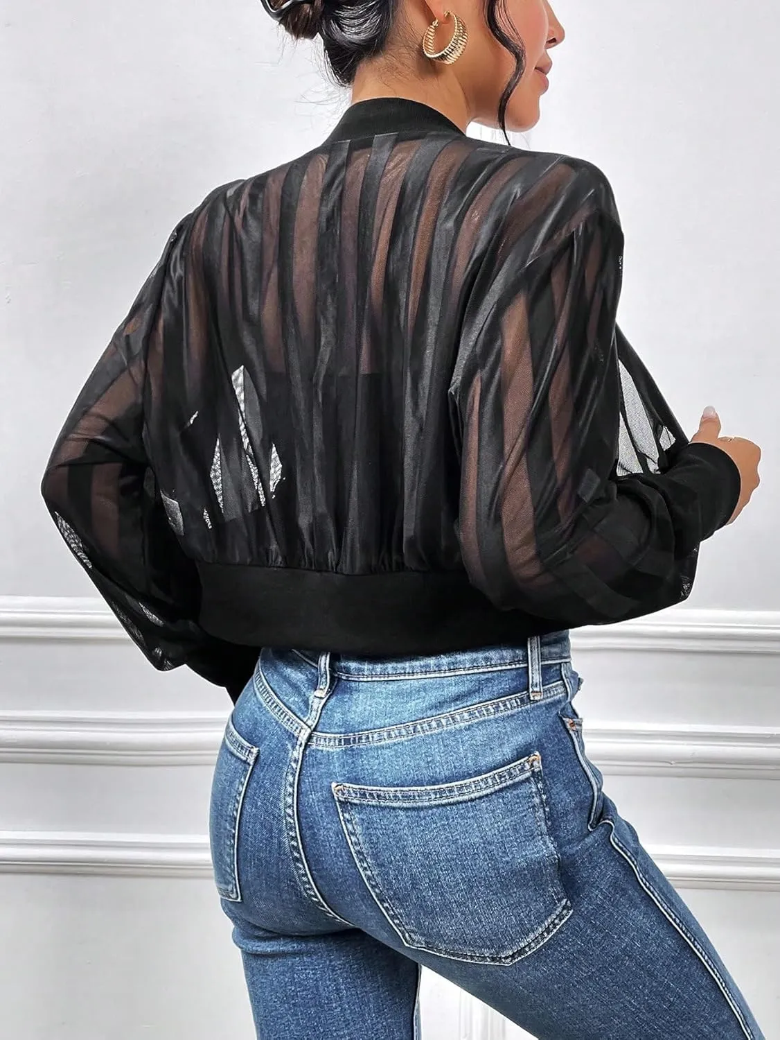 WDIRARA Women's Contrast Mesh Zip Up Bomber Jacket Lantern Long Sleeve Baseball Collar Outwear Crop Jacket
