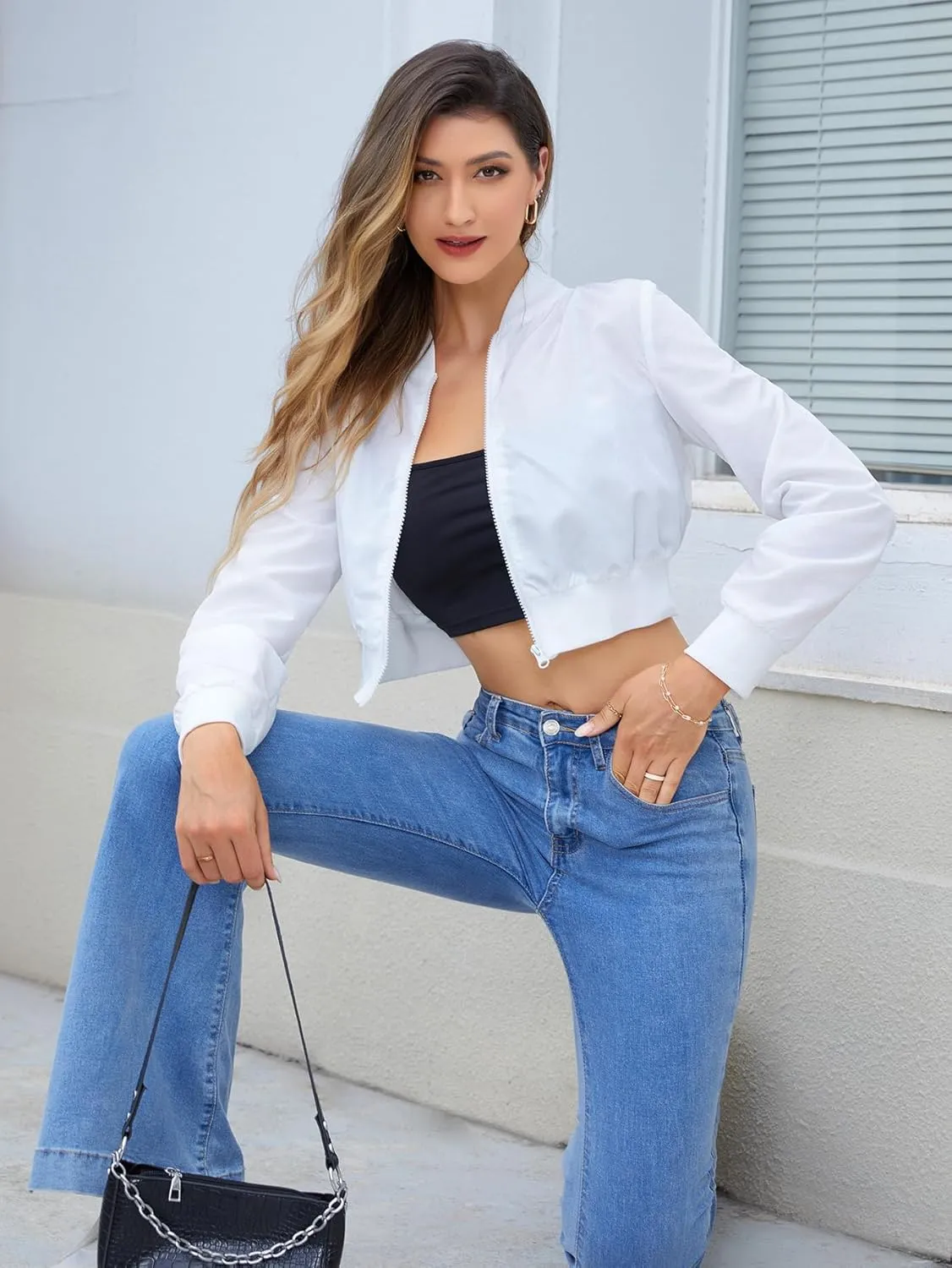WDIRARA Women's Solid Zip Up Long Sleeve Bomber Jacket Cropped Lightweight Jackets