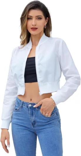 WDIRARA Women's Solid Zip Up Long Sleeve Bomber Jacket Cropped Lightweight Jackets