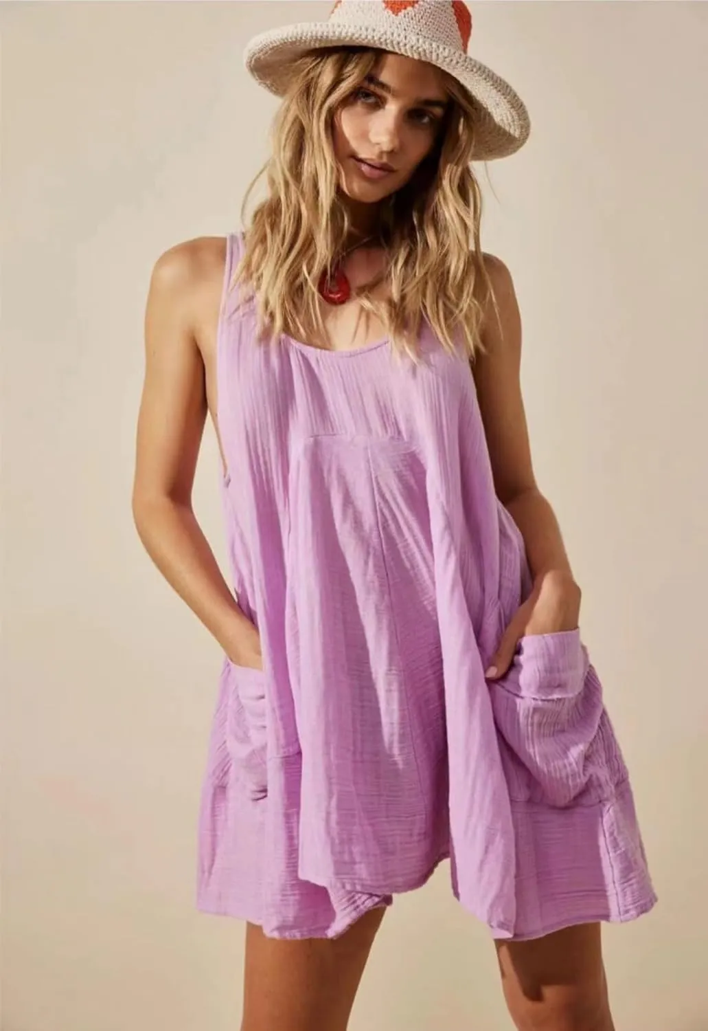 Women Casual Dresses Sleeveless Crew Neck Backless Tunic Mini Dress Loose Flowy Tank Sundress with Pockets