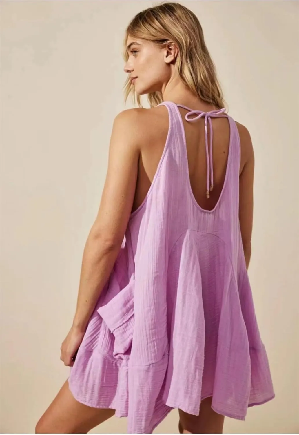 Women Casual Dresses Sleeveless Crew Neck Backless Tunic Mini Dress Loose Flowy Tank Sundress with Pockets
