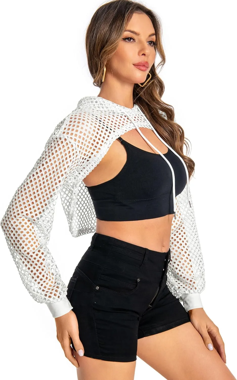 Women Mesh Crop Top Hoodie Fishnet See Through Long Sleeve Shirt Sheer Blouse for Club Party