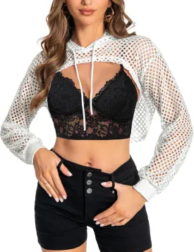 Women Mesh Crop Top Hoodie Fishnet See Through Long Sleeve Shirt Sheer Blouse for Club Party