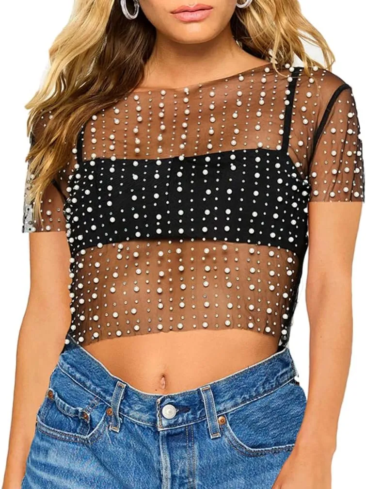 Women Pearl Rhinestone Sheer Mesh Crop Tee Top Sexy See Through Short Sleeve Slim Fit Crop T-Shirt Club Summer