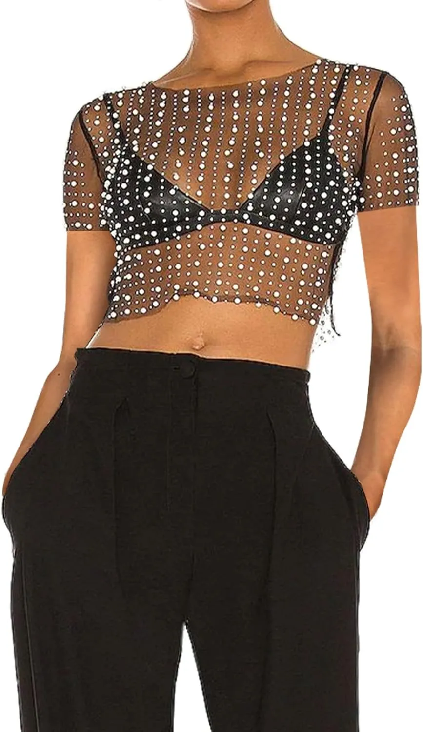 Women Pearl Rhinestone Sheer Mesh Crop Tee Top Sexy See Through Short Sleeve Slim Fit Crop T-Shirt Club Summer