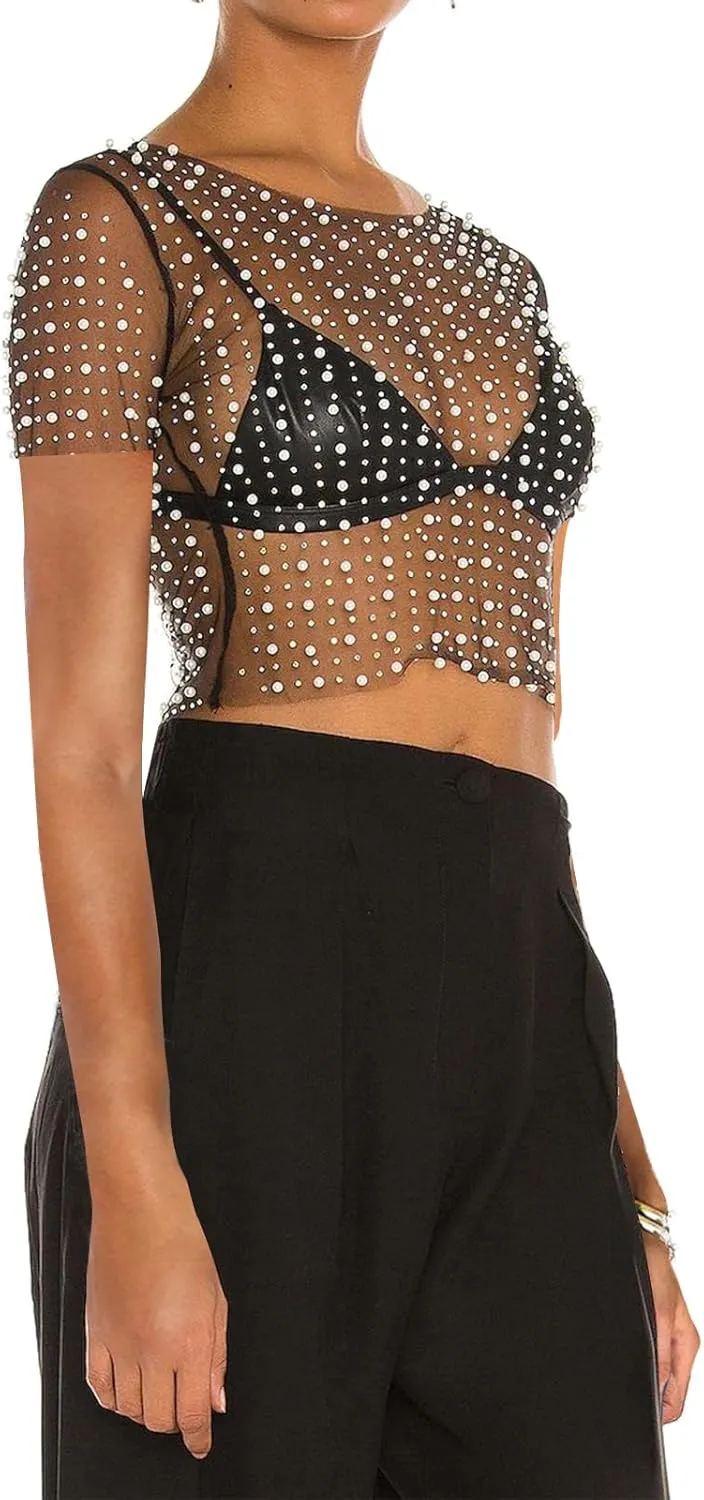 Women Pearl Rhinestone Sheer Mesh Crop Tee Top Sexy See Through Short Sleeve Slim Fit Crop T-Shirt Club Summer