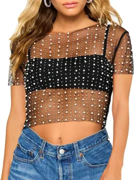 Women Pearl Rhinestone Sheer Mesh Crop Tee Top Sexy See Through Short Sleeve Slim Fit Crop T-Shirt Club Summer