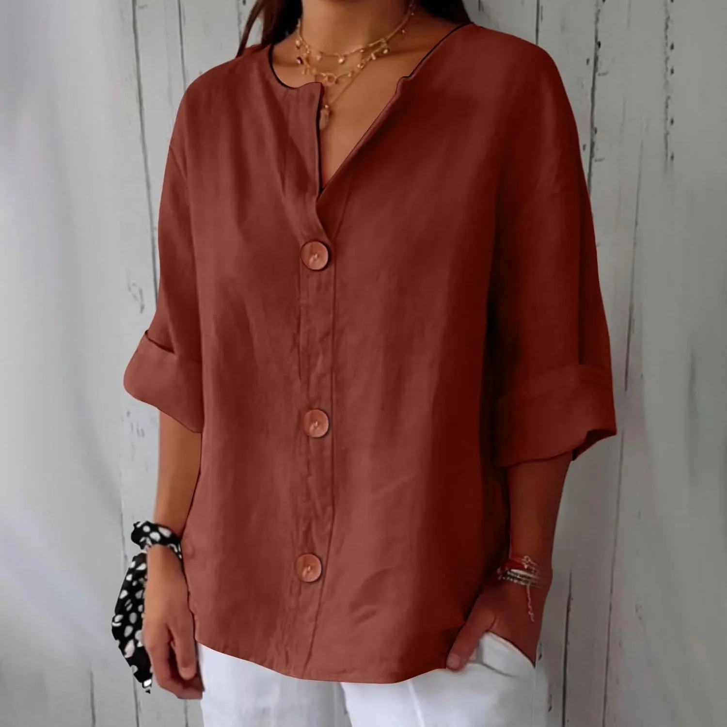 Womens Button Down Shirts Cotton Linen Summer Tops V Neck 3/4 Sleeve Shirt Collar Blouse Casual Plain Tshirt Work Top Tunic