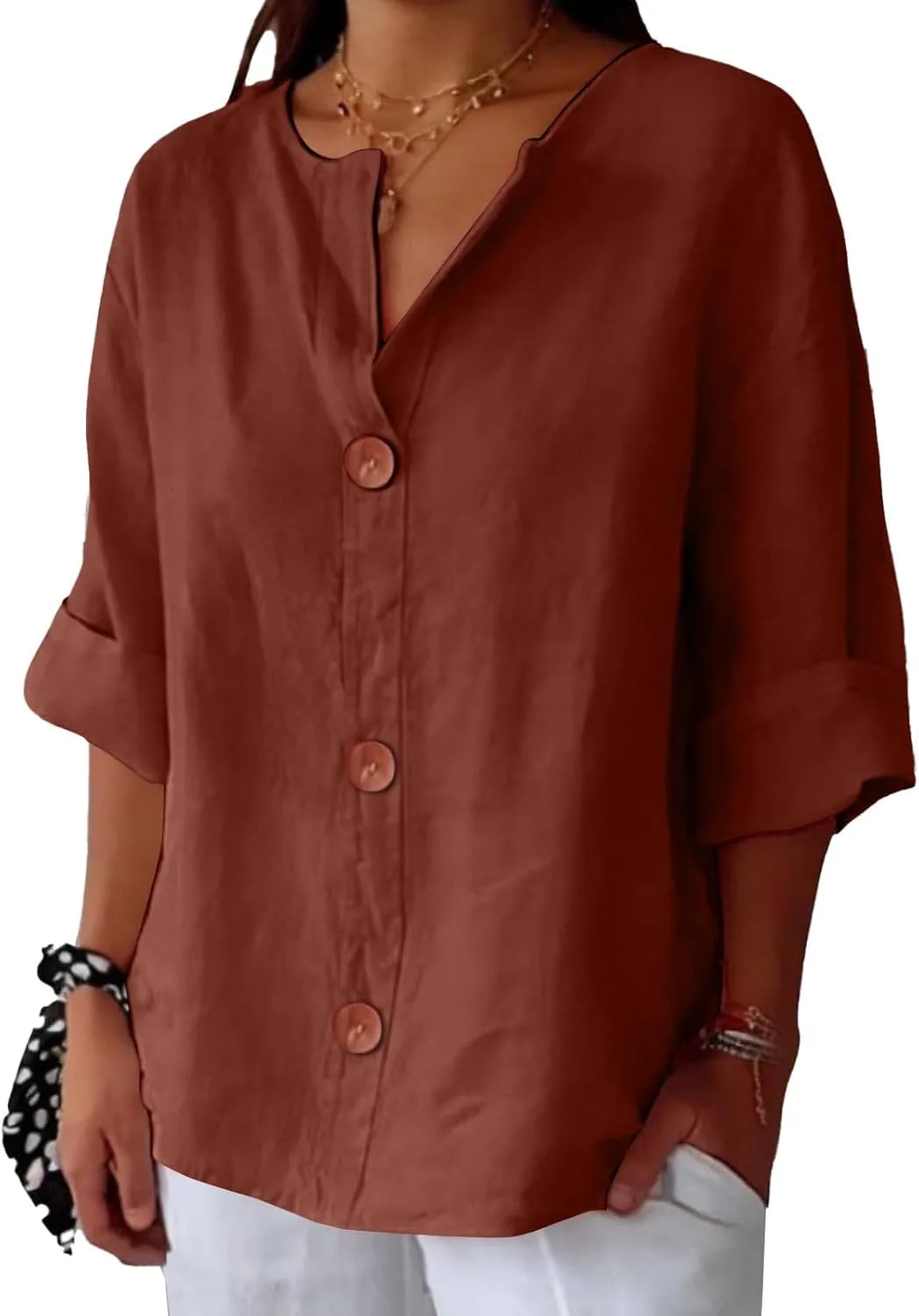 Womens Button Down Shirts Cotton Linen Summer Tops V Neck 3/4 Sleeve Shirt Collar Blouse Casual Plain Tshirt Work Top Tunic