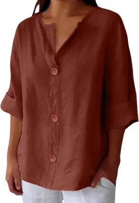 Womens Button Down Shirts Cotton Linen Summer Tops V Neck 3/4 Sleeve Shirt Collar Blouse Casual Plain Tshirt Work Top Tunic