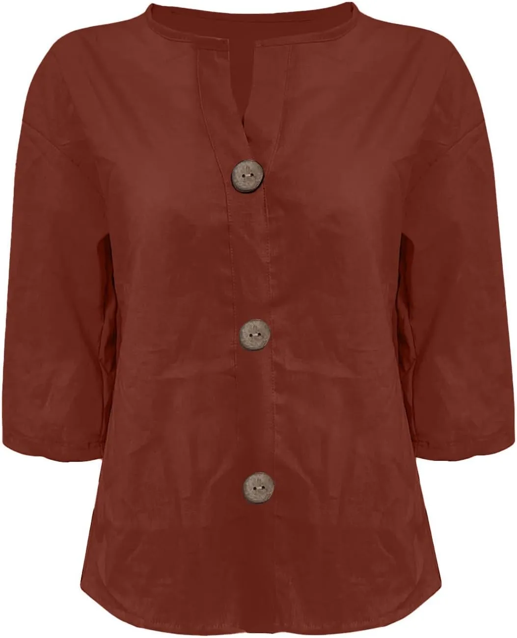 Womens Button Down Shirts Cotton Linen Summer Tops V Neck 3/4 Sleeve Shirt Collar Blouse Casual Plain Tshirt Work Top Tunic