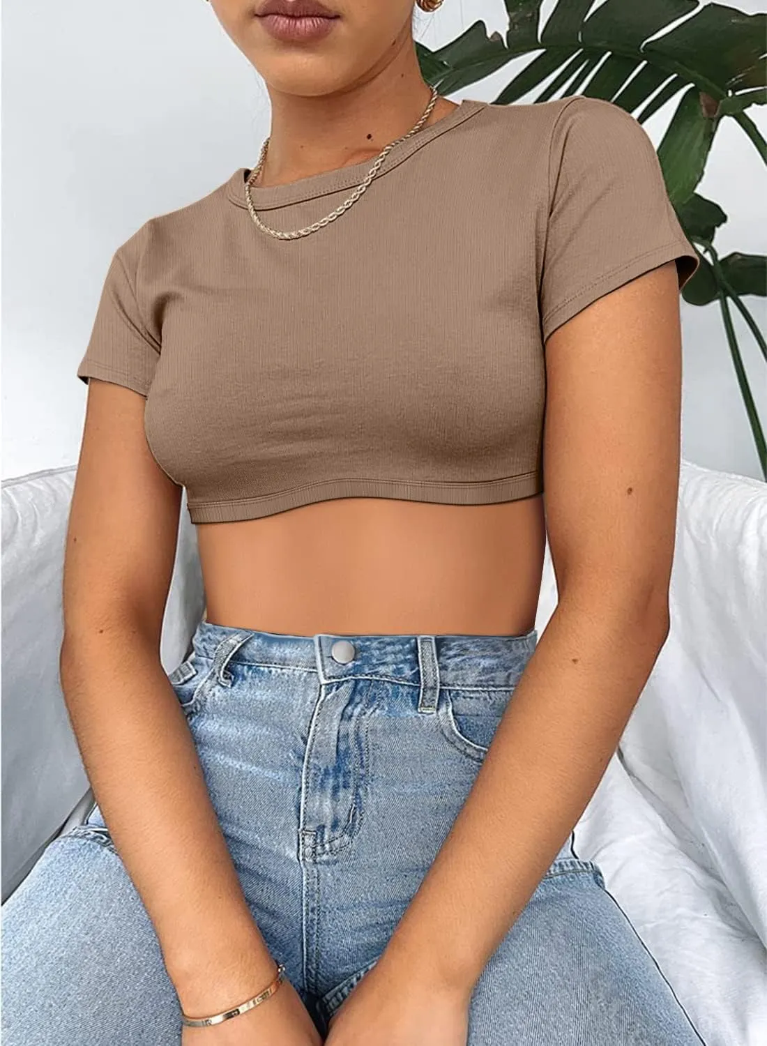 Womens Crop Tops Crewneck Y2K Summer T-Shirt Basic Short Sleeve Fitted Knit Ribbed Casual Blouse Cute Tee Shirt