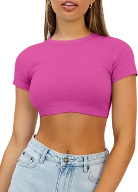 Womens Crop Tops Crewneck Y2K Summer T-Shirt Basic Short Sleeve Fitted Knit Ribbed Casual Blouse Cute Tee Shirt