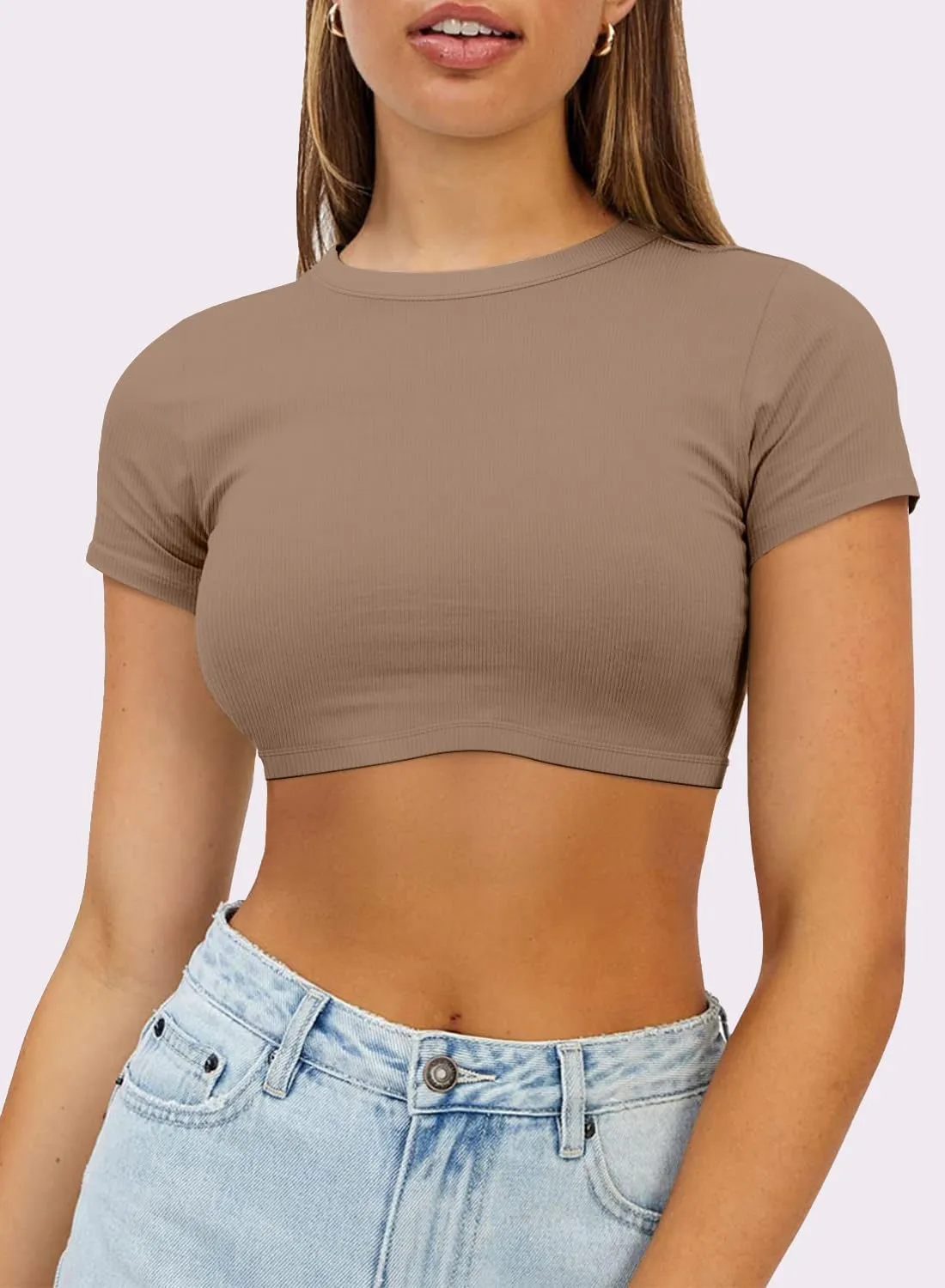 Womens Crop Tops Crewneck Y2K Summer T-Shirt Basic Short Sleeve Fitted Knit Ribbed Casual Blouse Cute Tee Shirt