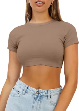 Womens Crop Tops Crewneck Y2K Summer T-Shirt Basic Short Sleeve Fitted Knit Ribbed Casual Blouse Cute Tee Shirt