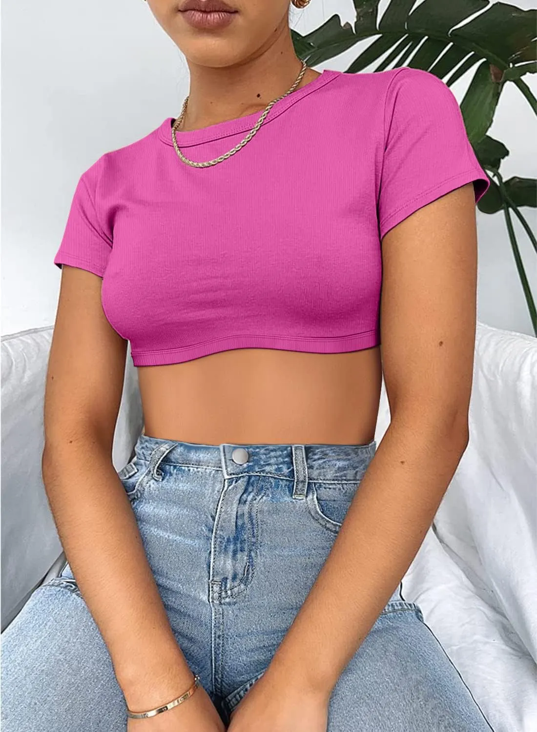 Womens Crop Tops Crewneck Y2K Summer T-Shirt Basic Short Sleeve Fitted Knit Ribbed Casual Blouse Cute Tee Shirt