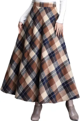 Women's Plaid Skirt Warm Elastic Waist Wool A-Line Pleated Tartan Winter Long Skirts