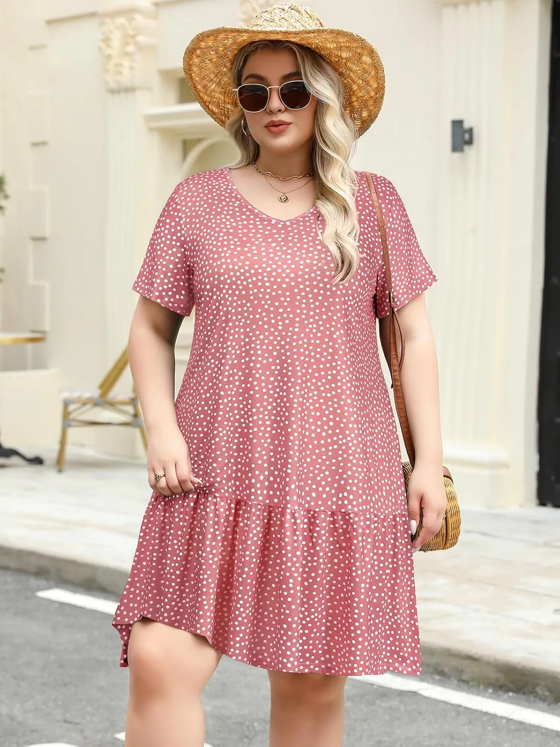 Women's Plus Size Tiered Midi Tunic Dresses 2025 Sexy V Neck Short Sleeve Casual Summer Loose T Shirt Sun Dress