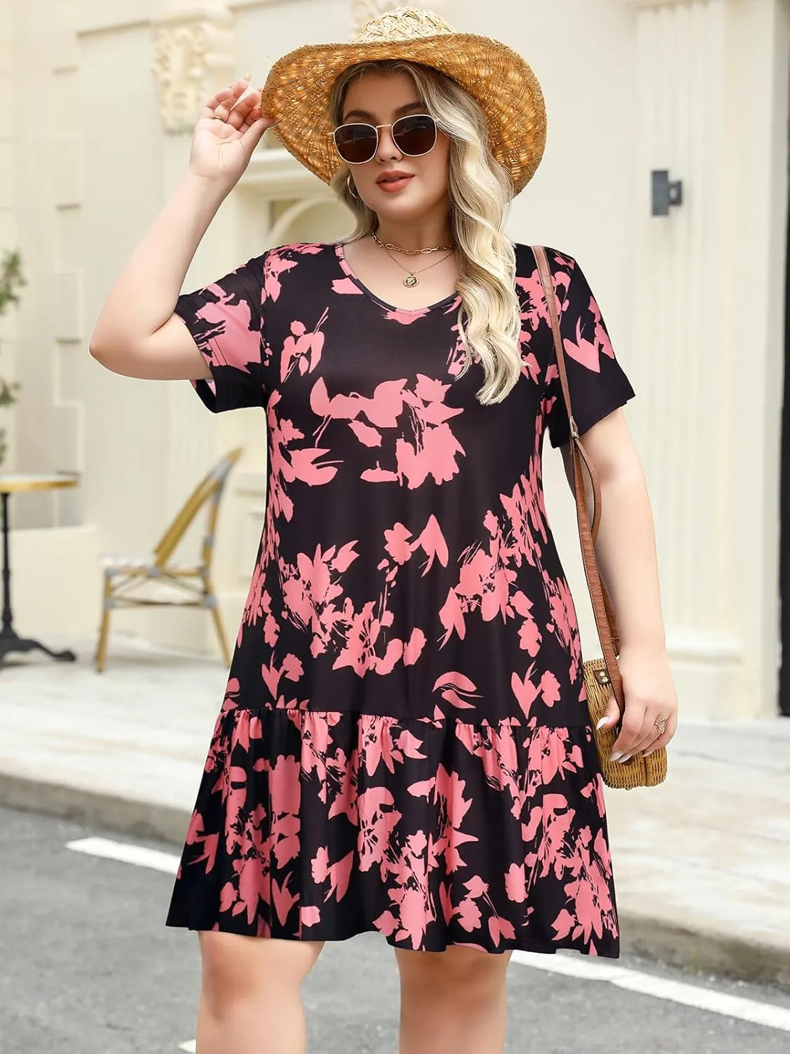 Women's Plus Size Tiered Midi Tunic Dresses 2025 Sexy V Neck Short Sleeve Casual Summer Loose T Shirt Sun Dress