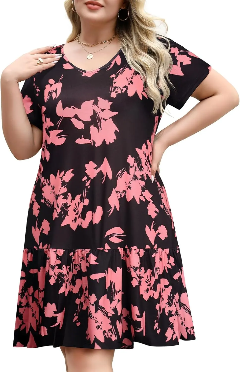 Women's Plus Size Tiered Midi Tunic Dresses 2025 Sexy V Neck Short Sleeve Casual Summer Loose T Shirt Sun Dress