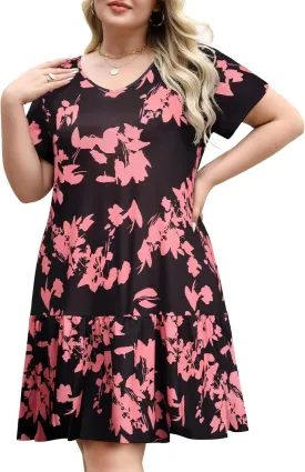 Women's Plus Size Tiered Midi Tunic Dresses 2025 Sexy V Neck Short Sleeve Casual Summer Loose T Shirt Sun Dress
