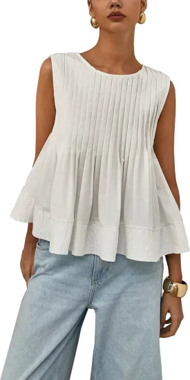 Womens Summer Tank Tops Pleated Babydoll Tops Sleeveless Peplum Casual Blouse T Shirts